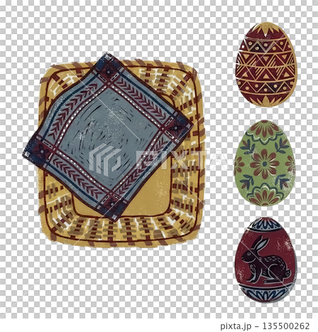 イースター素材セット 真上から見た籐のバスケットと装飾卵3点 【レトロ・ブロックプリント】 イースター素材セット 真上から見た籐のバスケットと装飾卵3点 【レトロ・ブロックプリント】 135500262
