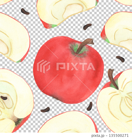Illustration of an apple, slice, and half, hand-drawn watercolor fruit seamless pattern. Ripe realistic seasonal fruit. Illustration of an apple, slice, and half, hand-drawn watercolor fruit seamless pattern. Ripe realistic seasonal fruit. 135500271