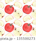 Illustration of an apple, slice, and half, hand-drawn watercolor fruit seamless pattern. Ripe realistic seasonal fruit. 135500273