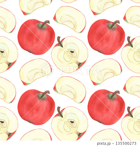 Illustration of an apple, slice, and half, hand-drawn watercolor fruit seamless pattern. Ripe realistic seasonal fruit. 135500273