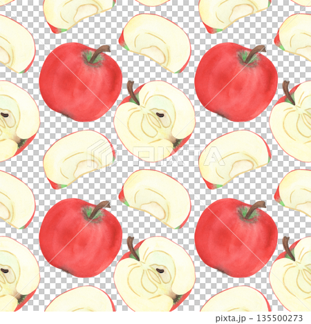Illustration of an apple, slice, and half, hand-drawn watercolor fruit seamless pattern. Ripe realistic seasonal fruit. 135500273