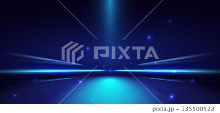 Scence futuristic glowing blue neon light ray with speed motion moving on dark blue background. 135500528