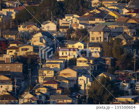 朝日に照らされた斜面の住宅地 朝日に照らされた斜面の住宅地 135500604