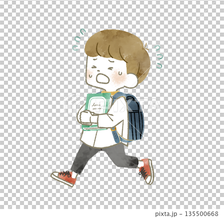 Elementary school student running with a book - watercolor 135500668