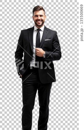 A visionary male CEO in a polished black suit, standing before rising financial charts, symbolizing his role in identifying emerging 135500669