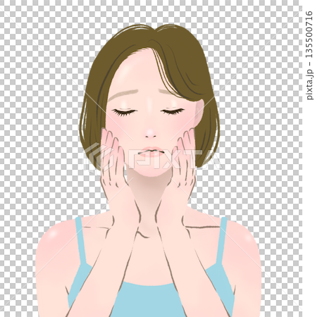 両手を顔に当てて目を閉じて困った表情をする女性 両手を顔に当てて目を閉じて困った表情をする女性 135500716