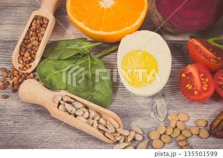 Various products or ingredients containing natural vitamin B9 and minerals Various products or ingredients containing natural vitamin B9 and minerals 135501599