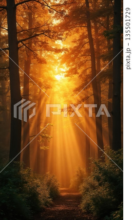 Sunlight filters through tall trees in a dense forest. The scene is illuminated with warm orange hues, creating a serene and tranquil atmosphere. 135501729