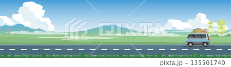 Vector illustration of travels van car with luggage on the roof rack and driving man for banner. Asphalt road near the meadow with wisps of mist and mountain under clear sky. Copy Space Flat Vector. 135501740