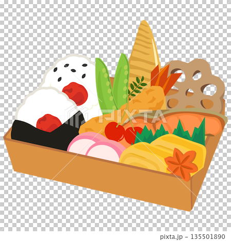 焼き鮭とエビフライが入ったお弁当のイラスト 135501890