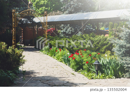 Red tulips near garden tile path lead to gazebo arch in summer park. Landscape design of garden. Flowerbed and evergreen bushes. 135502004