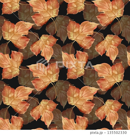 Watercolor illustration of a seamless pattern with brown and orange ivy leaves on a dark black background. Repeatable botanical foliage ornament for textile design, wallpaper, and wrapping paper. Watercolor illustration of a seamless pattern with brown and orange ivy leaves on a dark black background. Repeatable botanical foliage ornament for textile design, wallpaper, and wrapping paper. 135502330
