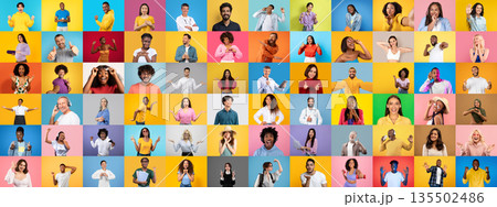 A captivating collection of diverse individuals expressing various emotions and poses is captured against bright, colorful backgrounds. A captivating collection of diverse individuals expressing various emotions and poses is captured against bright, colorful backgrounds. 135502486