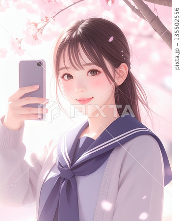 桜舞う卒業の日にスマホをもつ女子高生 135502556