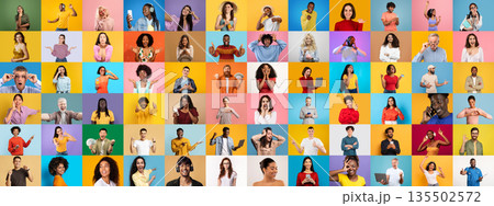 This vibrant collage features a diverse group of individuals, each displaying unique expressions and activities against solid color backgrounds. The mix showcases cultural richness and unity. 135502572