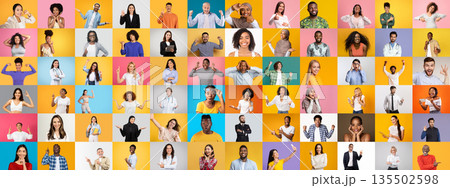 This collection features a variety of people from different backgrounds expressing happiness and enthusiasm. 135502598