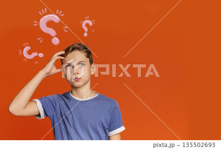 Thoughtful Caucasian teenager searching for creative solution to problem on orange background, collage with question marks. Copy space. Smart ideas and innovative decisions concept 135502693
