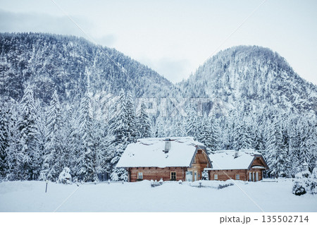 panoramic view of wooden houses against mountains covered by snow panoramic view of wooden houses against mountains covered by snow 135502714