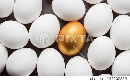 Uniqueness and success. One golden egg between group of white eggs, top view Uniqueness and success. One golden egg between group of white eggs, top view 135502826