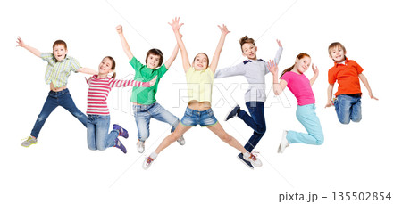 Group of happy, cheerful children jumping at isolated white studio background. Childhood and freedom, active lifestyle concept, copy space 135502854