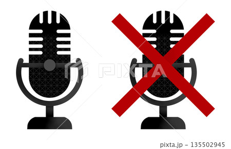 Microphone mute and unmute icon illustration showing audio control status, sound permission, privacy setting, and communication restriction, interface, online meeting, recording control concept Microphone mute and unmute icon illustration showing audio control status, sound permission, privacy setting, and communication restriction, interface, online meeting, recording control concept 135502945
