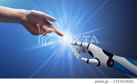Artificial intelligence and people. Human and robotic hand reaching each other over blue background, creative collage, copy space Artificial intelligence and people. Human and robotic hand reaching each other over blue background, creative collage, copy space 135503692
