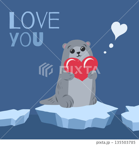 Vector greeting card with a cute, naive otter hugging a heart and lettering. I love you. Valentines Day card. 135503785