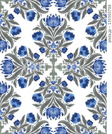 Vector kaleidoscope pattern with folk style flowers on white background. Circular bloom ornament. Decorative texture with blue flowers and leaves 135503788