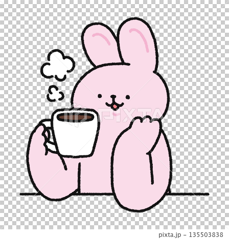コーヒーを飲んで一息つく可愛いウサギ コーヒーを飲んで一息つく可愛いウサギ 135503838