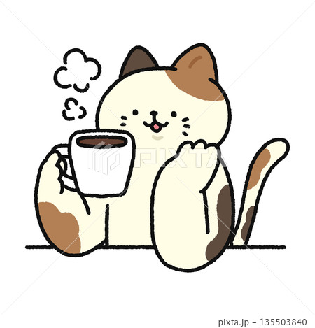 コーヒーを飲んで一息つく可愛いネコ コーヒーを飲んで一息つく可愛いネコ 135503840