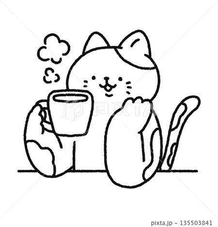 コーヒーを飲んで一息つく可愛いネコ 線画 コーヒーを飲んで一息つく可愛いネコ 線画 135503841