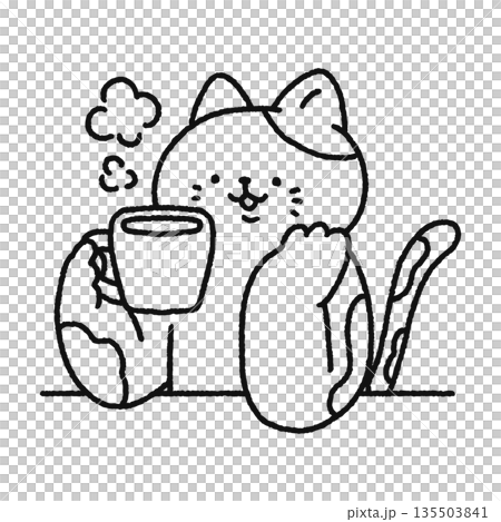 一隻可愛的貓咪一邊喝咖啡一邊休息——線條描圖 一隻可愛的貓咪一邊喝咖啡一邊休息——線條描圖 135503841