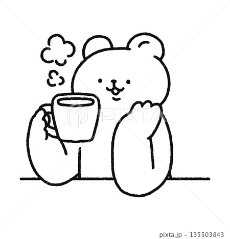 コーヒーを飲んで一息つく可愛いクマ 線画のイラスト素材 [135503843