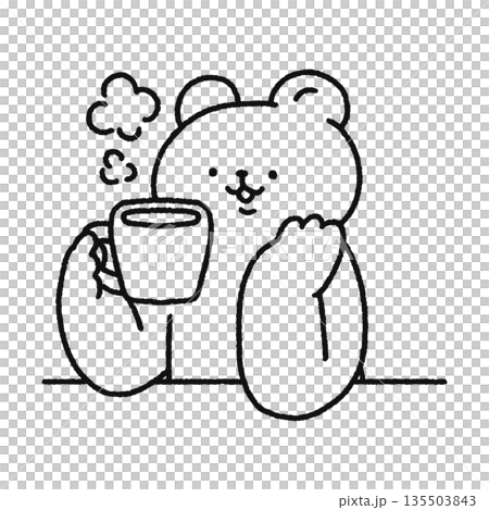 A cute bear taking a break and drinking coffee - line drawing A cute bear taking a break and drinking coffee - line drawing 135503843