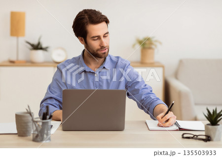 Business Career. Confident Entrepreneur Taking Notes Working At Laptop Computer Sitting In Modern Office. Businessman Posing At Workplace Concept. Selective Focus 135503933