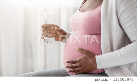 Pregnancy And Hydration. Unrcognizable Black Pregnant Lady Drinking Mineral Water From Glass And Touching Belly, Sitting At Home, Cropped Image With Free Space, Closeup Pregnancy And Hydration. Unrcognizable Black Pregnant Lady Drinking Mineral Water From Glass And Touching Belly, Sitting At Home, Cropped Image With Free Space, Closeup 135503979