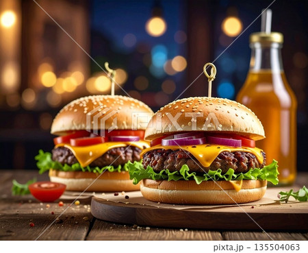 美味しそうなピックの刺さったチーズハンバーガー2つ 135504063