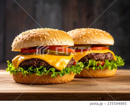 美味しそうなチーズハンバーガー2つ 135504065