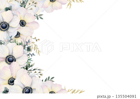 Watercolor white wildflowers horizontal greeting card. Spring holidays romantic anemone flowers banner illustration with copy space. Pastel wedding template 135504091