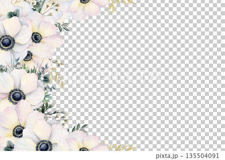 Watercolor white wildflowers horizontal greeting card. Spring holidays romantic anemone flowers banner illustration with copy space. Pastel wedding template 135504091