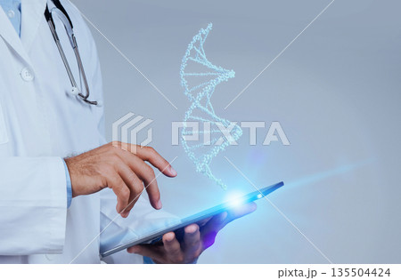 Close up shot of dedicated doctor uses CRISPR and augmented reality to decode the blue glow of virtual human DNA, shaping the future of medicine, blue studio background, free space 135504424