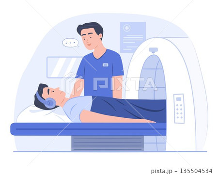 Medical Personnel Provide Guidance the Patient before an MRI Scan in Hospital to Diagnose Disease for Healthcare and Health Check-Up Concept Illustration 135504534