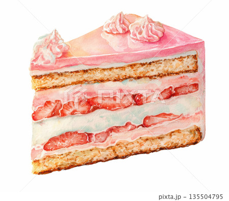 Watercolor delicious slice of strawberry cake with whipped cream and fresh berries isolated on white background 135504795