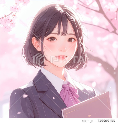 新しい一歩を踏み出す春、アルバムを手にする女子高生 新しい一歩を踏み出す春、アルバムを手にする女子高生 135505133