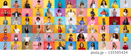 This lively collage features a multiracial collection of individuals, each displaying distinct facial expressions and gestures against colorful backgrounds. 135505434