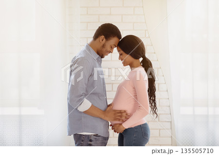 Handsome black man touching his pregnant wife's belly indoors, side view. Beautiful expectant woman and her boyfriend looking at each other with affection at home 135505710