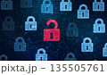 Security breach concept. Red open padlock icon among closed padlocks on digital screen as a symbol of unsecured data under cyber attack, panorama 135505761