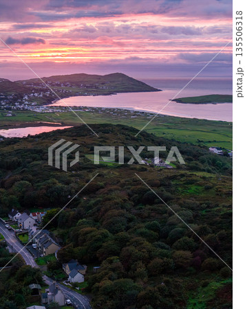Aerial view of beautiful sunset at Portnoo seen from Clooney in County Donegal - Ireland 135506318