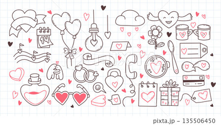 Outline Love Symbol Doodle Set. Isolated Valentines Day Design Kit and Coloring Hand Drawn Elements Collection on checkered notebook background. Vector Illustration. Not AI 135506450