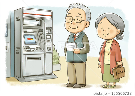 ATMを操作するシニア夫婦｜高齢者の安心な金融利用を伝えるイラスト 135506728